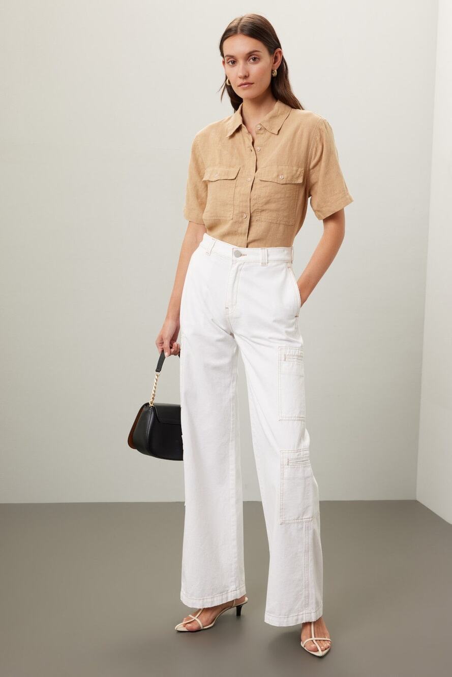 Hudson Cream High-Rise Welt Pocket Cargo Wide Leg Utility Jeans Size 28